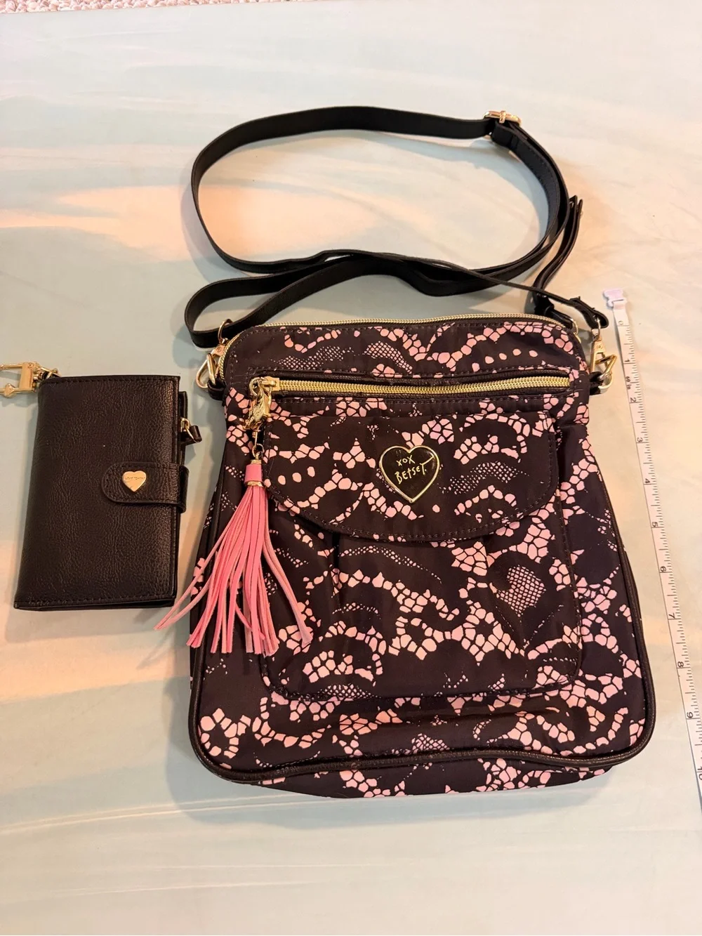 Betsey Johnson Crossbody Bag in Black and Pink Lace Print - Betsey Wallet - Picture 1 of 4
